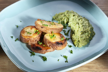 Roasted potatoes with pea puree