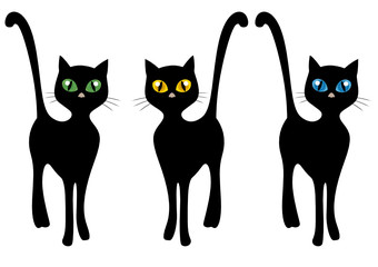 Gatti neri stilizzati con grandi occhi realistici colorati - obrazy, fototapety, plakaty