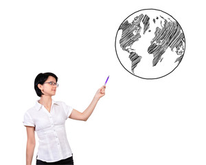 woman pointing at earth