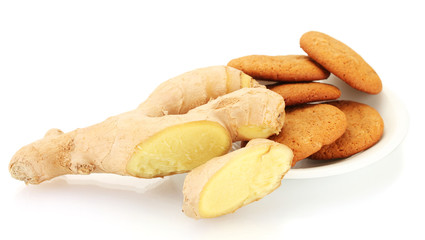 Ginger cookies with fresh ginger root isolated on white
