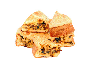 Mushroom pie, sliced, isolated on white background