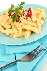 Rigatoni pasta dish with tomato sauce close up