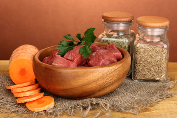 Raw beef meat marinated with herbs and spices