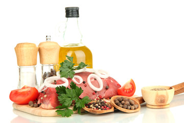 Raw beef meat marinated with herbs, spices and cooking oil