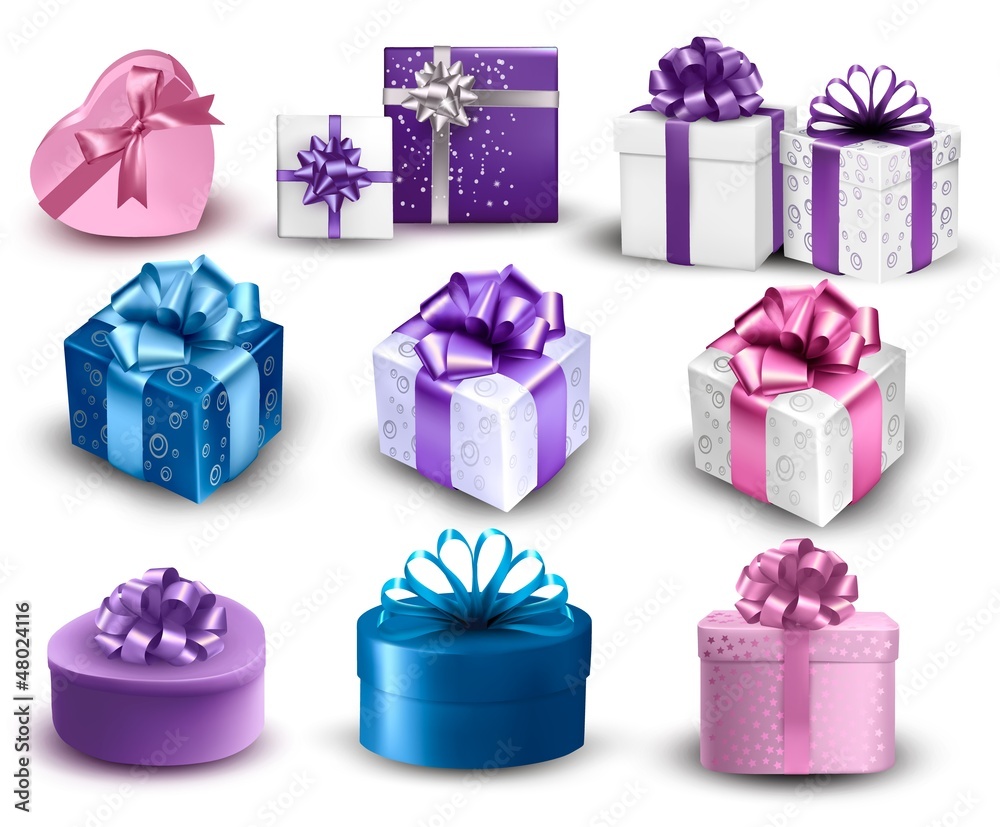 Poster set of colorful gift boxes with bows and ribbons. vector illustr