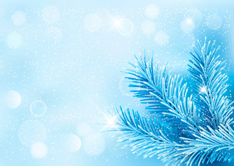 Fototapeta na wymiar Holiday blue background with tree branches and snowflake. Vector