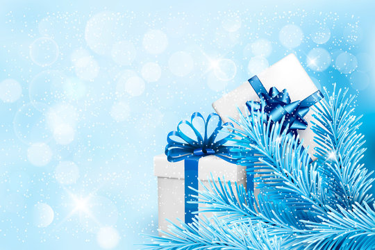 Holiday blue background with gift boxes and tree branches. Vecto