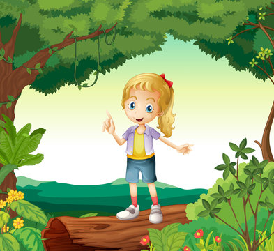 A girl standing on a dry wood