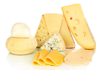 Various types of cheese isolated on white