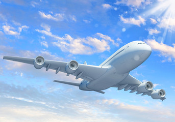 White passenger plane in the blue sky