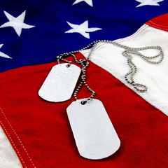 Military dog tags on vivid stars and stripes background