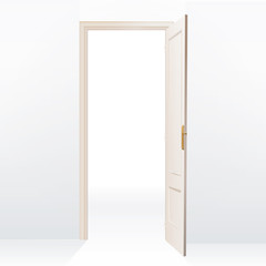Realistic open door on white background. Vector design. 