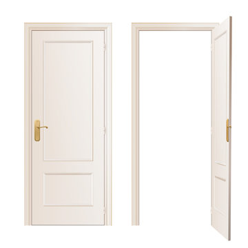 Realistic close and open door on white background. Vector design