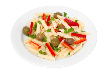 salad with pasta on the plate on white background