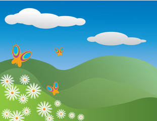 Butterflies and Daisies in a hilliside meadow