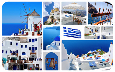 Collage of summer photos in Santorini island, Greece
