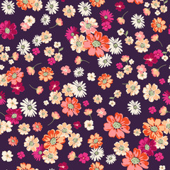 cute ditsy floral on deep purple seamless background