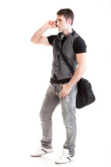 Fototapeta premium Full length portrait school boy talking phone
