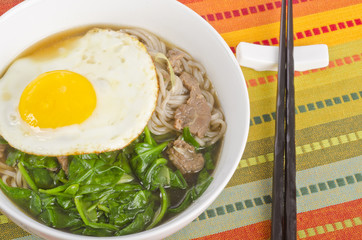 Buckwheat Noodle Soup with Fried Egg and Vegetable