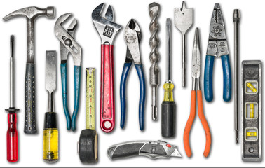 Group of construction tools on white