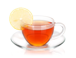 Glass cup of black tea with lemon slice