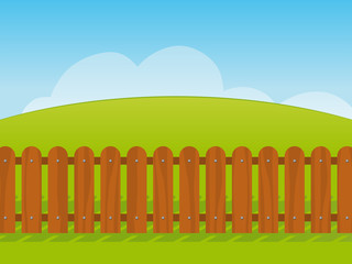 Cartoon landscape with a wooden fence