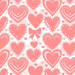 Crochet lacy hearts on white seamless pattern, vector