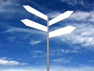 Signpost on beautiful background of blue sky. 3D render.