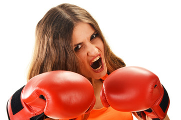 Portrait of young woman with red boxing gloves