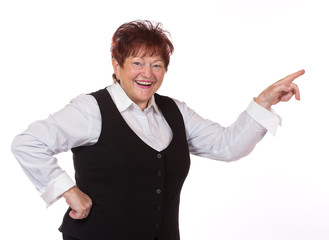 Frau zeigt mit Finger