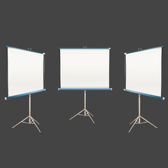 Empty projector screen Isolated on black in many positions. 