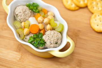 Chicpeas soup with meatballs and vegetables