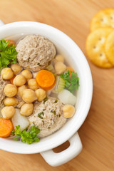 Chicpeas soup with meatballs and vegetables
