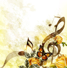 Grunge  music romantic background with notes and roses