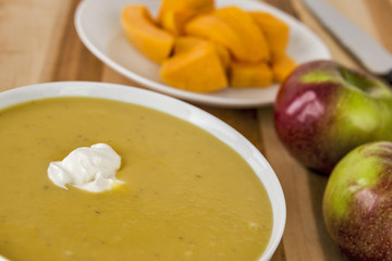 Butternut squash and apple soup with ingredients