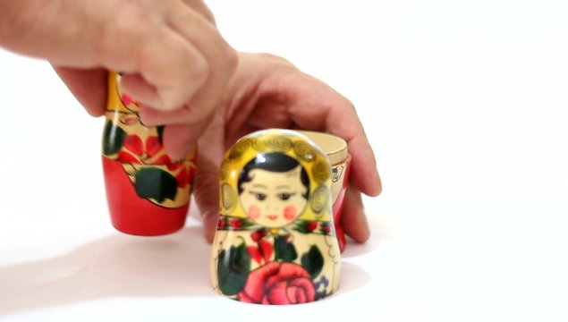 Matrioshka dolls placed in row and taken apart.