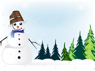 Snowman in a  pine forest
