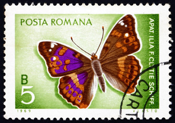 Fototapeta na wymiar Znaczek pocztowy Rumunia 1969 Mniejsze Purpurowy Cesarz, Motyl