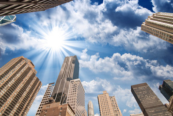 New York City. Wonderful upward view of Manhattan Skycrapers - obrazy, fototapety, plakaty
