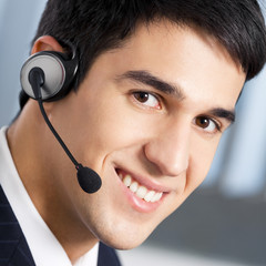 Support phone operator in headset at workplace