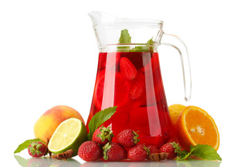 sangria in jar with fruits, isolated on white