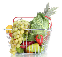 Fresh vegetables and fruits in metal basket isolated on white
