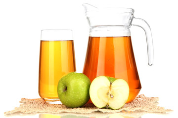 Full glass and jug of apple juice and apples isolted on white