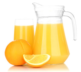 Full glass and jug of orange juice and oranges isolated on