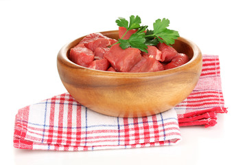 Raw beef meat in bowl isolated on white