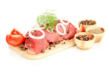 Raw beef meat marinated with herbs and spices isolated on white