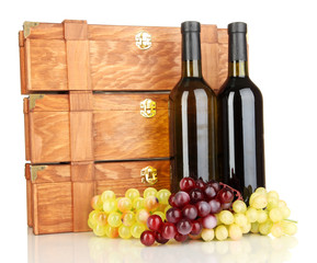 Obraz premium Wooden cases with wine bottles isolated on white