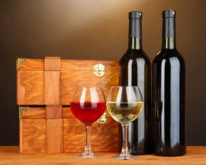 Wooden cases with wine bottles