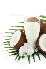 Obraz na płótnie Canvas Kokosy ze szklanką mleka, odizolowane na białym