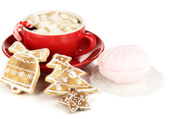 Cup of coffee with Christmas sweetness isolated on white